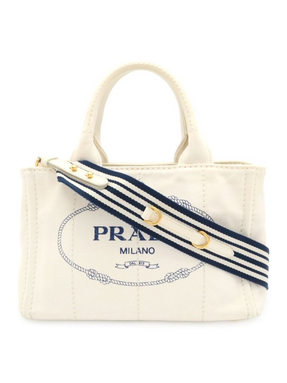 Prada Canapa Tote 2-Way Shoulder Bag Striped Canvas White Navy Gold